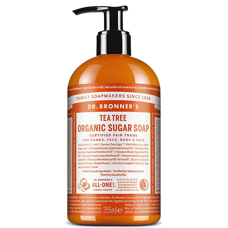 Dr Bronner's Sugar Tea Tree teepuusaippua pumppupullossa