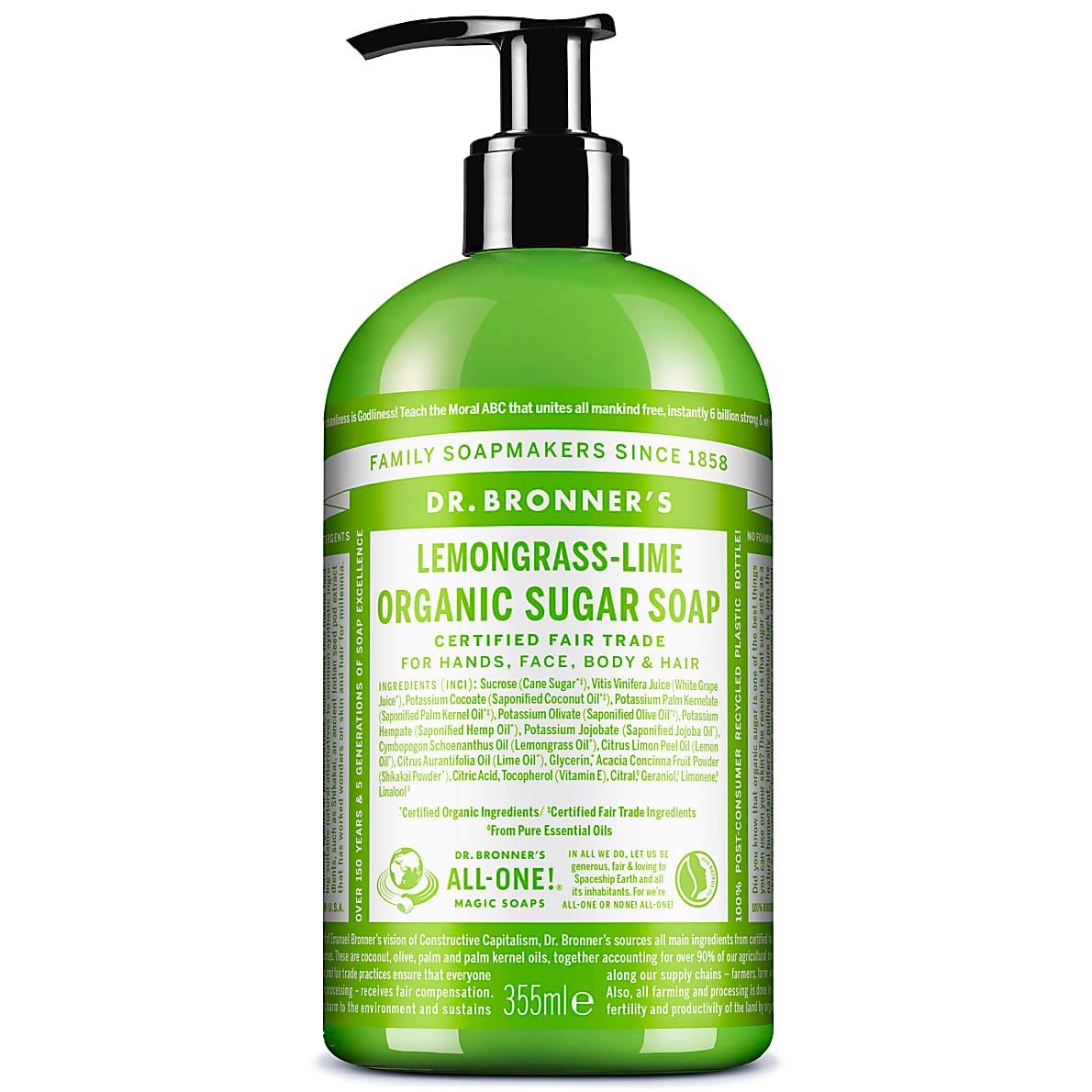 Dr Bronner's Sugar Lemongrass-Lime Pumpsoap saippua pumppupullossa