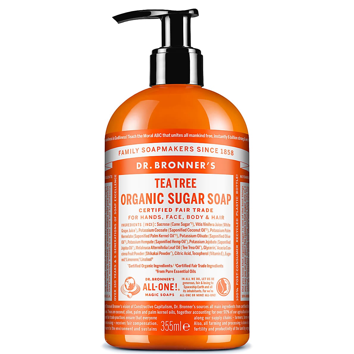 Dr Bronner's Sugar Tea Tree teepuusaippua  pumppupullossa